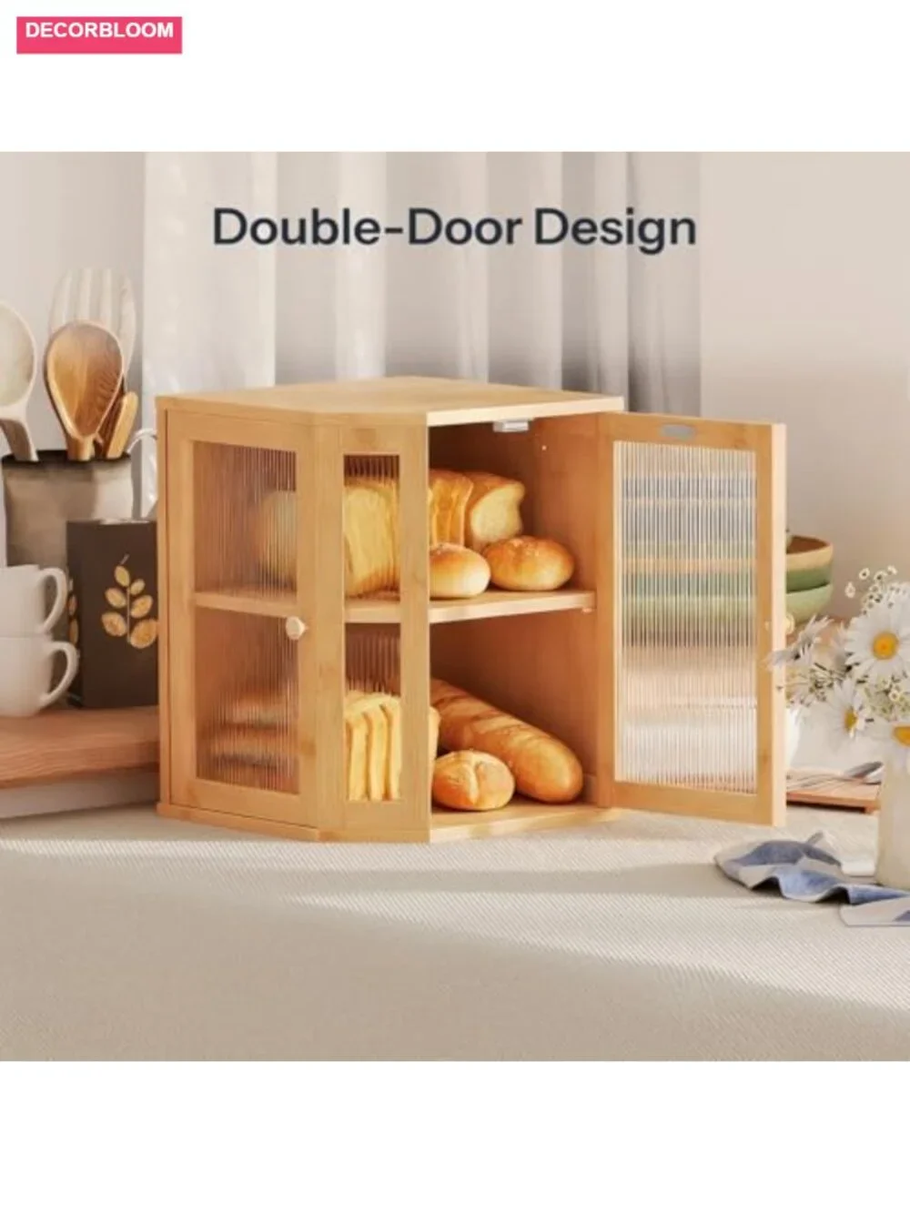 Bamboo 2-Tier Corner Bread Box with Acrylic Doors for Kitchen Countertop